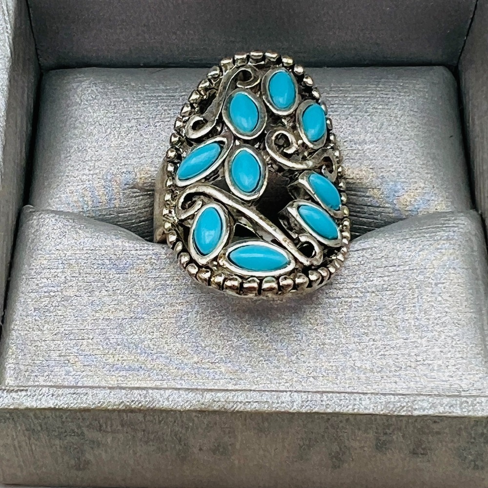 Southwestern Style Turquoise Ring Silver Tone Womens Statement Cluster Size 7